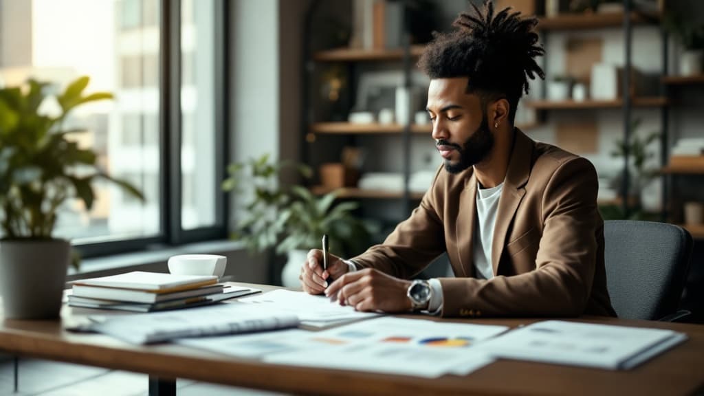 Strategy professional reviewing decision briefs at a modern workspace
